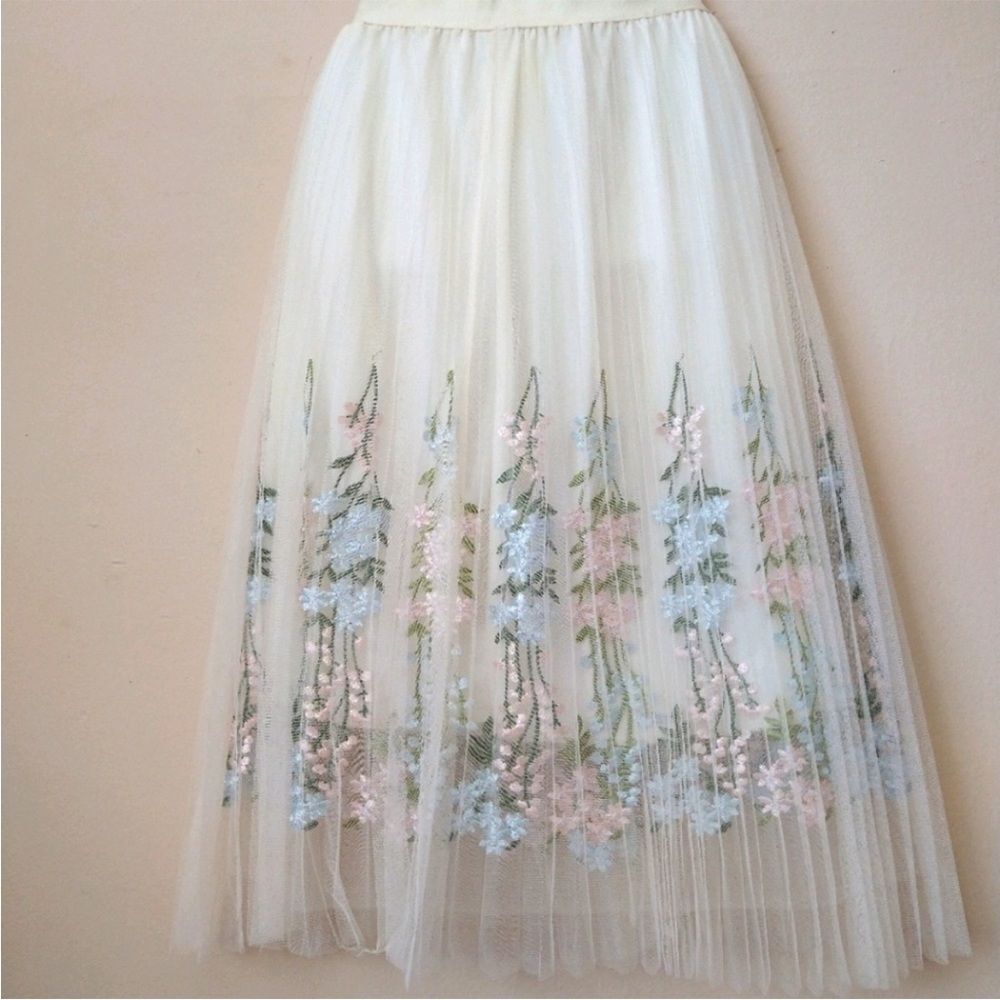 Moon Collection Off White Embroidered Boho Cottage Core Tulle Skirt
